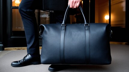 Man carries a black bag while leaving a building in a city setting during daytime