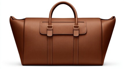 Brown leather bag placed on a plain background highlighting its shape and design