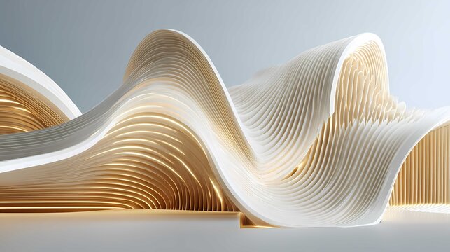 Abstract layered paper wave sculpture in soft beige and white studio background