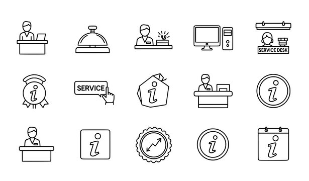 Reception desk line icon set editable black vectors for hotel office and customer service UI