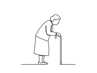 Obraz premium Black line illustration of an elderly woman with a cane