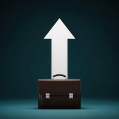 Brown leather briefcase with upward white arrow on dark background