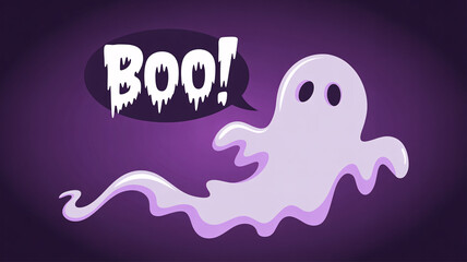 Cute ghost character says Boo on purple background for Halloween