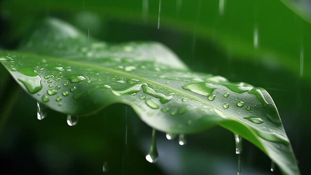 Asmr Close-up footages of fresh rain on vibrant green leaf, glistening water drops in a lush natural environment b roll for advertising and news