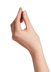 Human hand showing a gesture with thumb and index fingers nearly touching, symbolizing questioning, italian communication, or indicating a small quantity on a clean background
