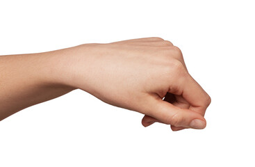 Person's hand with light skin tone making a subtle gripping gesture. Viewed from the dorsal side against a clean light gray background. Conveying concepts of holding. Reaching. Or preparing for action