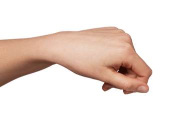 Person's hand with light skin tone making a subtle gripping gesture. Viewed from the dorsal side against a clean light gray background. Conveying concepts of holding. Reaching. Or preparing for action
