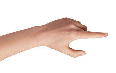 Human hand with extended index finger creating a precise pointing or indicating gesture, communicating direction, selection, or specific emphasis on a neutral background