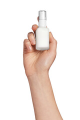 Woman's hand holding a plain white spray bottle with a clear cap, ready for product branding or displaying skincare, cosmetic, or hygiene concepts with ample copy space