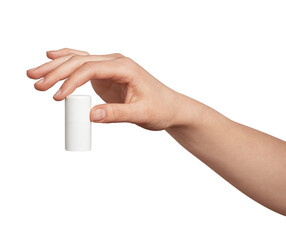 Human hand presenting a blank white cosmetic stick container, ideal for branding concepts of beauty, hygiene, skincare, or personal care products on a neutral background