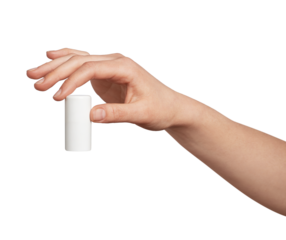Human hand presenting a blank white cosmetic stick container, ideal for branding concepts of beauty, hygiene, skincare, or personal care products on a neutral background