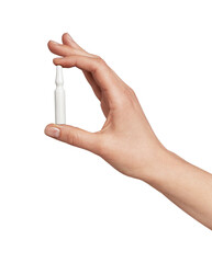 Human hand carefully holding a tiny white pharmaceutical ampoule or vial against a clean background, symbolizing precise dosage, medical treatment, or a health solution