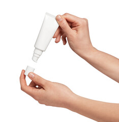 Female hands carefully opening an unbranded, minimalist white cosmetic pump tube, preparing to dispense and apply a beauty product or skincare treatment