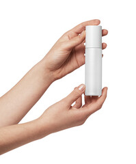 Woman's hands holding a minimalist blank white spray bottle, showcasing clean product packaging suitable for beauty, skincare, or hygiene concepts against a simple light background