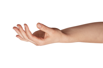 Human hand extending with open palm and forearm isolated against a solid light background, conveying concepts of offering, receiving, or holding up an object
