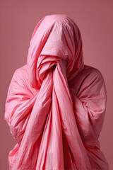 Portr&auml;t einer Person, umh&uuml;llt von volumin&ouml;sem Stoff. Fokus auf Farbe, Falten, Textur und Materialit&auml;t in moderner, minimalistischer Mode.