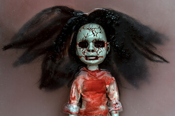 Creepy doll face with long black hair in dark dirty water