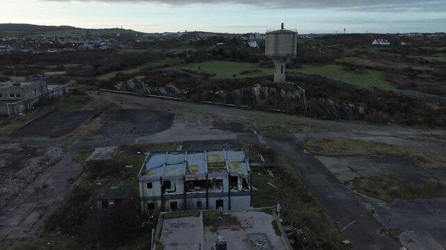 Derelict Octel chemical facility aerial view circling abandoned industrial offices and wasteland