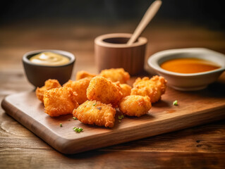 Chicken Nuggets Served on a Wooden Board with Dipping Sauces
