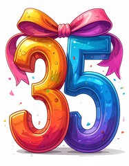 Number 35 wrapped with a festive ribbon on a white background. Image for birthday or anniversary party