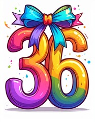 Number 36 wrapped with a festive ribbon on a white background. Image for birthday or anniversary party