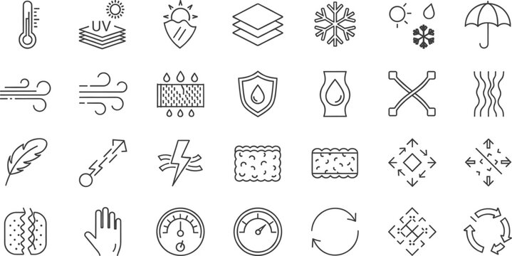 Large set of technical fabric and material property icons featuring UV protection waterproof breathable and durable symbols.