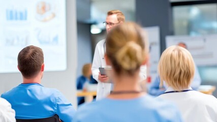 Healthcare professionals attend a training lecture led by a medical expert at a hospital to learn about updated medical practices