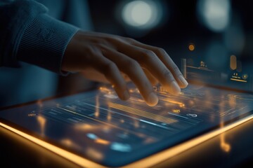 Human hand touching and interacting with glowing futuristic digital screen displaying data and virtual interface in dark environment