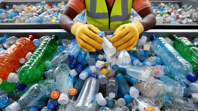 Waste Management Technician: A dedicated technician diligently sorts plastic bottles at a recycling plant. The image highlights the importance of environmental responsibility and waste reduction.