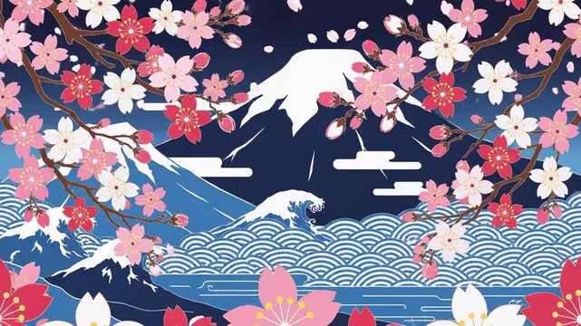 Animated Blooming Cherry Blossom Branches Against Mountain Fuji and Waves, Traditional Style