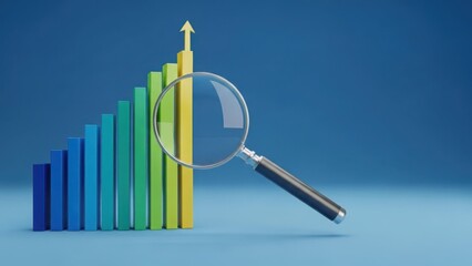 Magnifying glass examines rising colorful business graph with growth trend