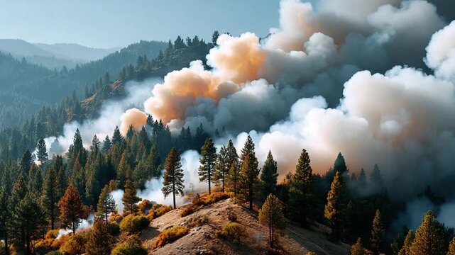 Wildfire Devastation: A panoramic shot of a raging wildfire engulfing a vast forest, as smoke billows into the atmosphere, creating a scene of nature's raw destructive power. 