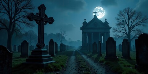 Serene Nocturne A moonlit graveyard path winds towards an ancient stone mausoleum, framed by aged crosses and weathered headstones under a vast, starless night sky.