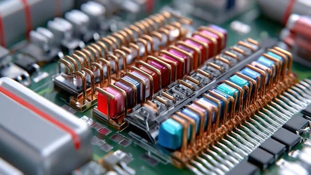 Electronic components arrayed on a circuit board, capturing the essence of technological complexity and progress.