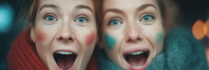 Two excited young women expressing joy and surprise, wear warm scarf and look directly at camera