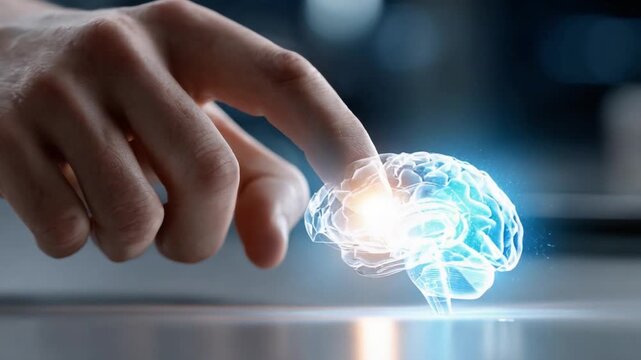 Mind's Touch: A fingertip interacts with a glowing, stylized representation of a human brain, symbolizing thought, intelligence, and the power of innovation. 