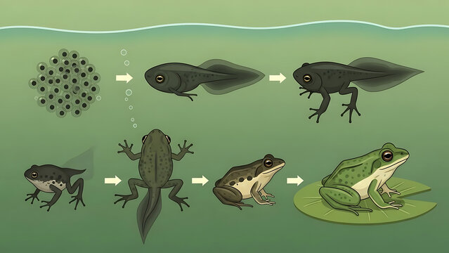 Comprehensive illustration showcasing the fascinating life cycle of a frog, from egg to adult amphibian