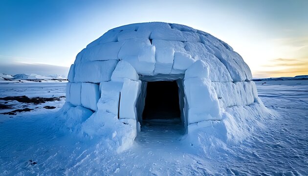 An igloo constructed of ice blocks stands on a snow-covered landscape under a bright, clear sky. The entrance leads into darkness