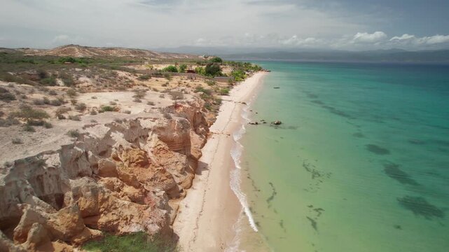 Aerial Flyover Pristine Playa La Paria Beach Araya Venezuela Coast