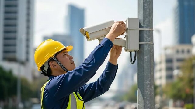 Technician installing surveillance camera on urban street for security enhancement