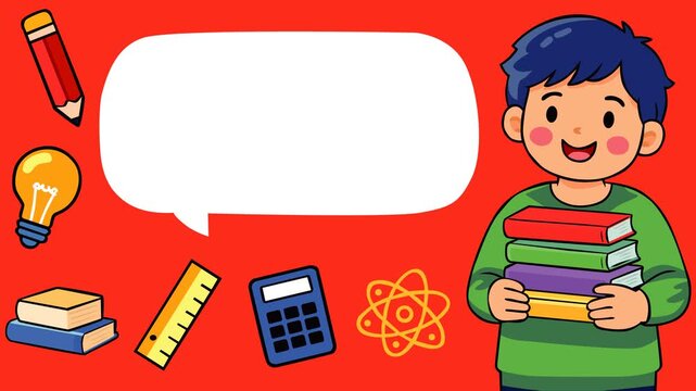 Educational video footage of a cheerful student holding a stack of books, surrounded by school learning icons like pencil, calculator, ruler, lightbulb, and science symbol with empty speech bubble for