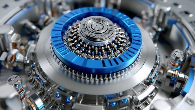 Engineering Marvel: A detailed view of a futuristic machine, showcasing intricate metallic components and a vibrant blue accent, highlighting technological innovation and precision engineering.