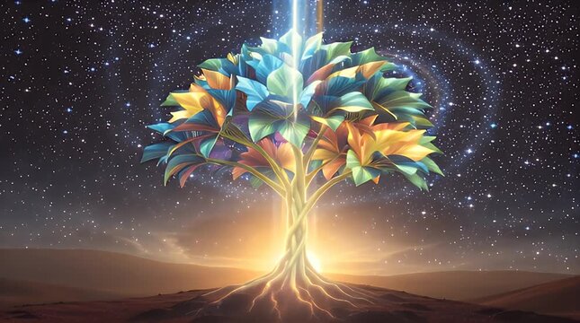 Vibrant cosmic tree illustrating spiritual enlightenment and profound growth amidst the wonders of nature