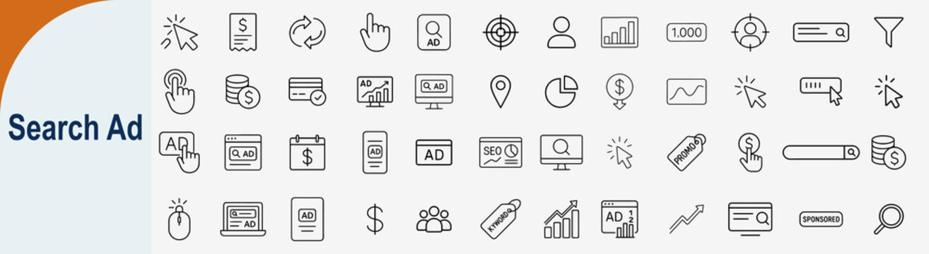 Search Ad Marketing and Digital Advertising Strategy Outline Icons Vector Set