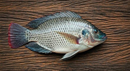 A single raw tilapia fish resting on a textured wooden surface