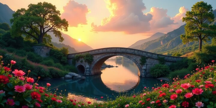 Serene Sunset Landscape Featuring Picturesque Stone Arch Bridge Over Calm Water, Flanked by Lush Greenery and Vibrant Blossoms