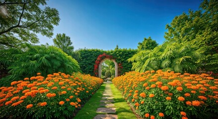A stone path leads through lush green foliage & vibrant orange flowers to an arched doorway