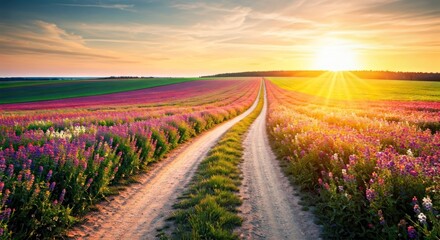 A sunlit dirt road winds through fields of lavender & green under a radiant sunset