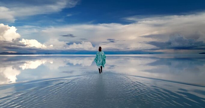 Female tourist wearing traditional Cholita shawl walking on Uyuni salt flat