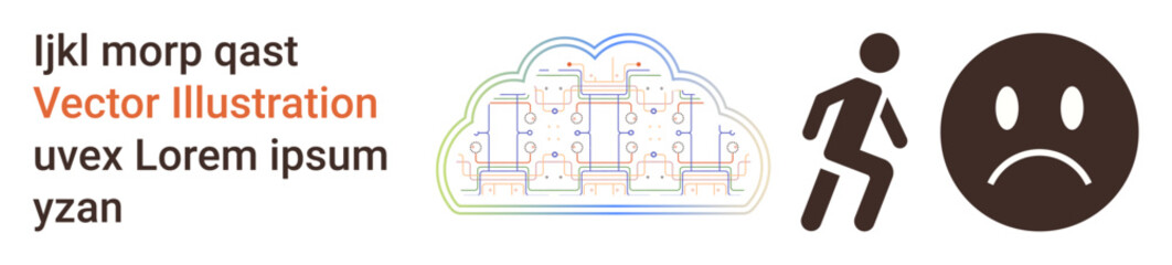 Fototapeta premium Technology, communication, data storage innovation, cloud computing, human interaction, emotions. Cloud diagram with circuits, person walking sad face icon. Technology and communication concept